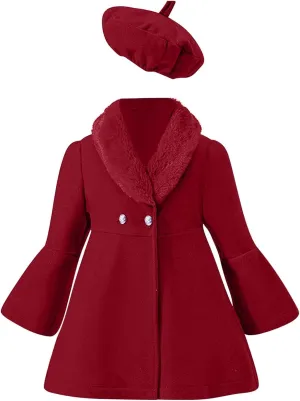 Toddler Girls Wool Collar Coat Set Baby Infant Winter Warm Solid Outwear Beret Hat Suit Casual Outfits