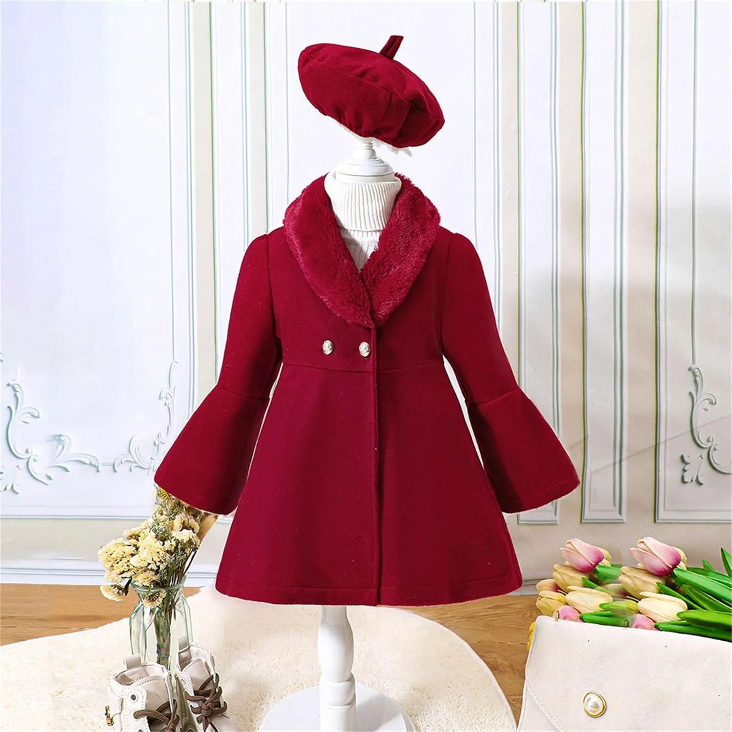 Toddler Girls Wool Collar Coat Set Baby Infant Winter Warm Solid Outwear Beret Hat Suit Casual Outfits