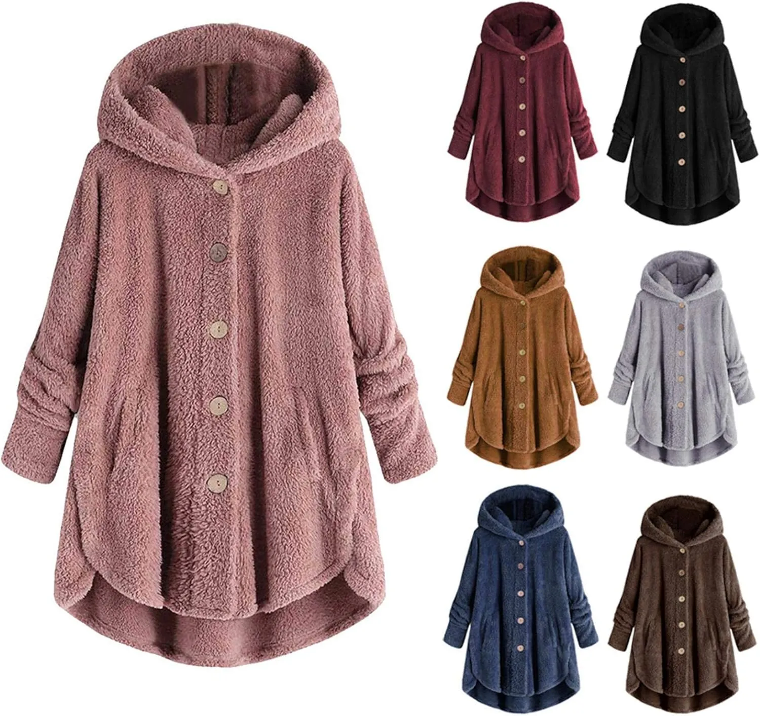 Top Women Woolen Coat Plus Size Outwear Warm Winter Jacket Button Plush Hooded Tops Loose Cardigan Wool Coat Blouse