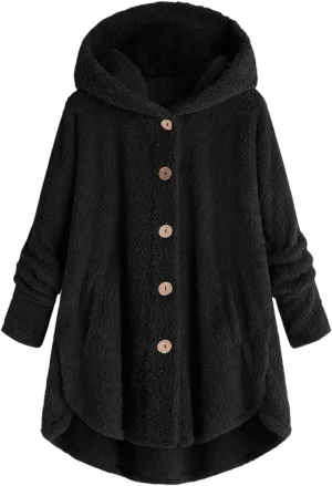 Top Women Woolen Coat Plus Size Outwear Warm Winter Jacket Button Plush Hooded Tops Loose Cardigan Wool Coat Blouse