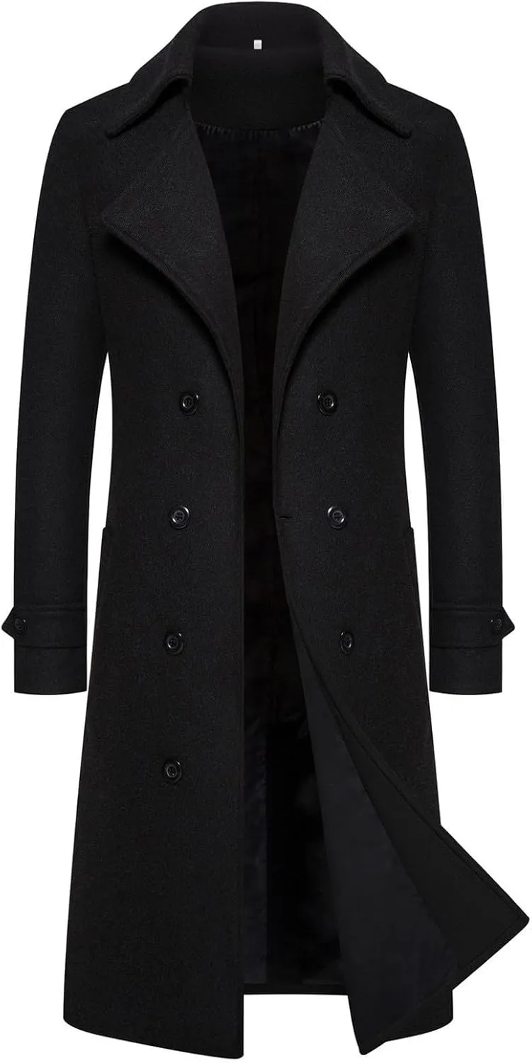 Trench Coat for Men Winter Wool Blend Jacket Double Breasted Overcoat Long Top Coat Warm Pea Coat