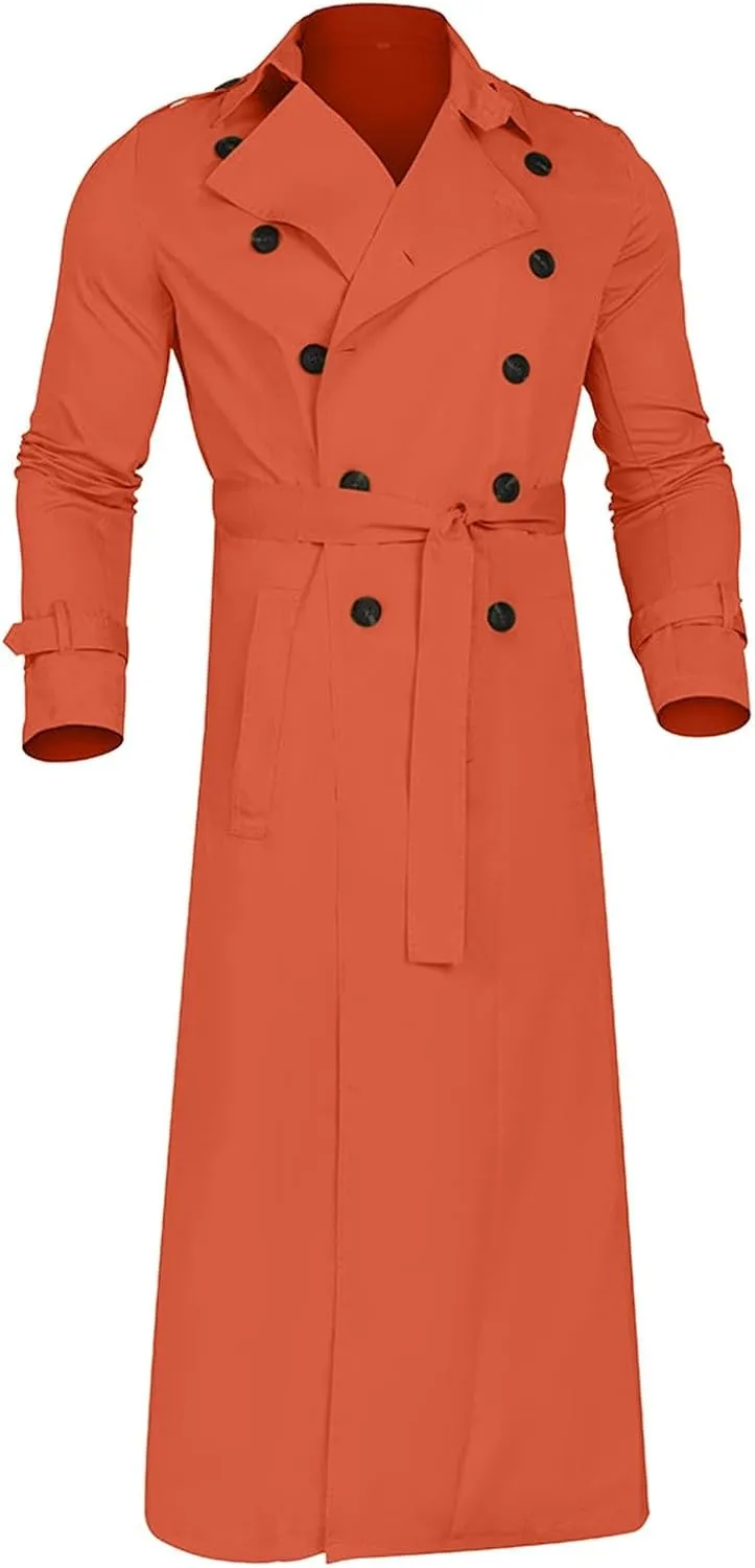 Trench Coat Men Long Double Breasted Trench Coat Belted Lightweight Jacket Notched Lapel Jacket Windbreaker Overcoats