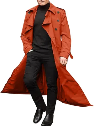 Trench Coat Men Long Double Breasted Trench Coat Belted Lightweight Jacket Notched Lapel Jacket Windbreaker Overcoats