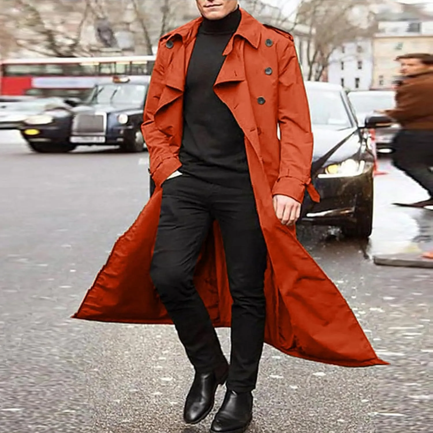 Trench Coat Men Long Double Breasted Trench Coat Belted Lightweight Jacket Notched Lapel Jacket Windbreaker Overcoats