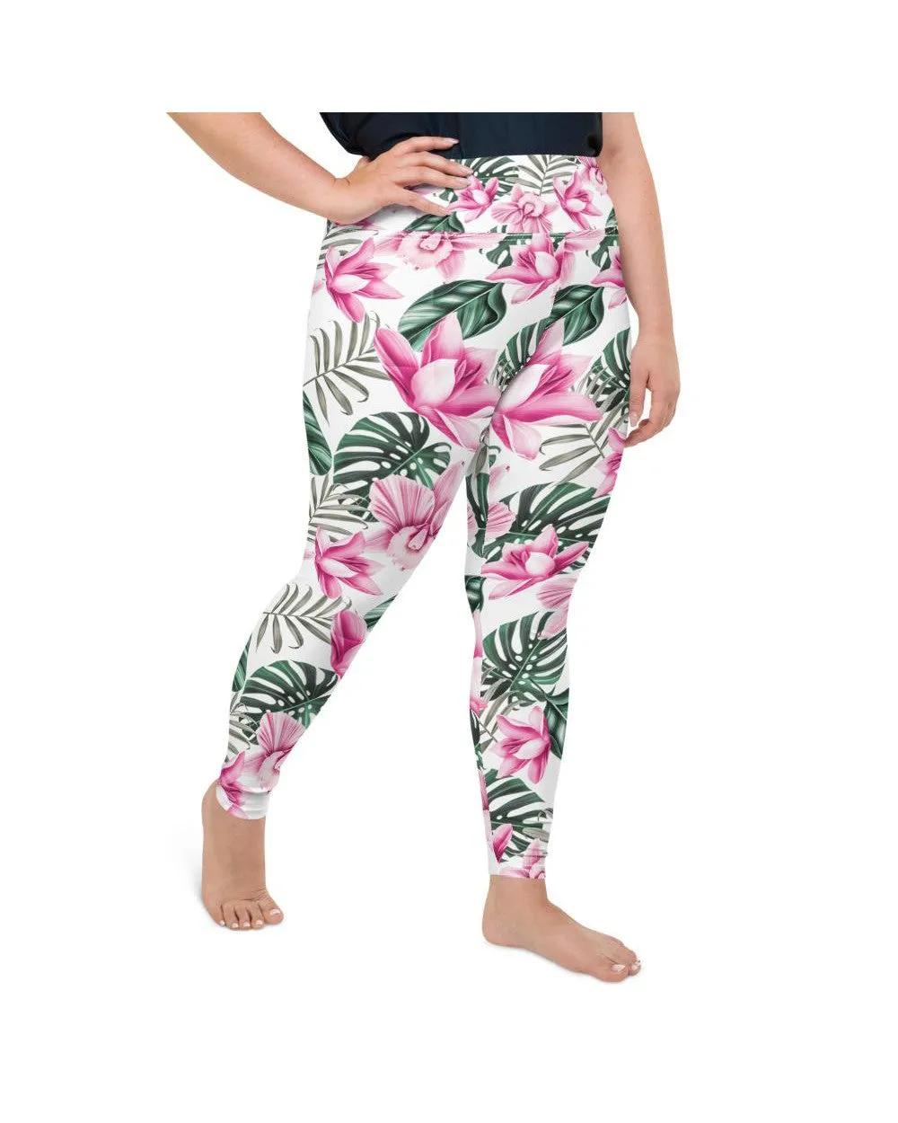 Tropical Floral White Plus Size Leggings