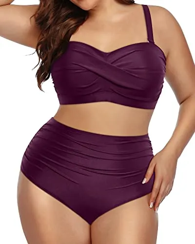 Twist-Front Plus Size Tummy Control Two Piece Swimsuits Bandeau Bikini Set-Maroon