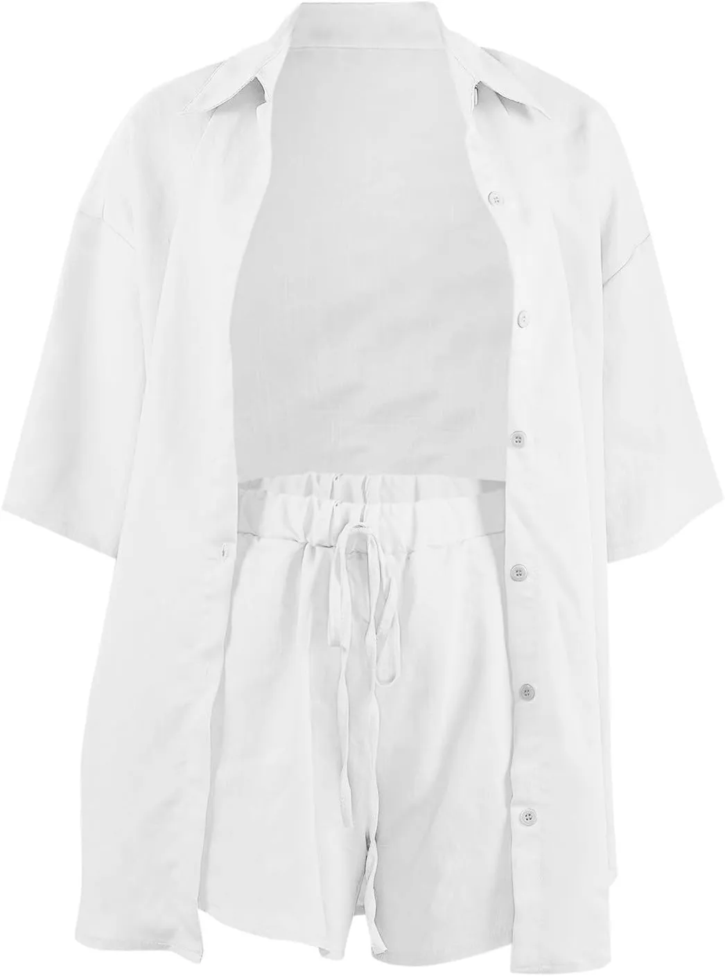 Two Piece Linen Set for Women Two Piece Tracksuit Button down 3/4 Sleeve Shirt and Shorts Set Fashion Trendy Clothes
