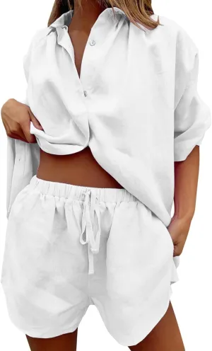 Two Piece Linen Set for Women Two Piece Tracksuit Button down 3/4 Sleeve Shirt and Shorts Set Fashion Trendy Clothes