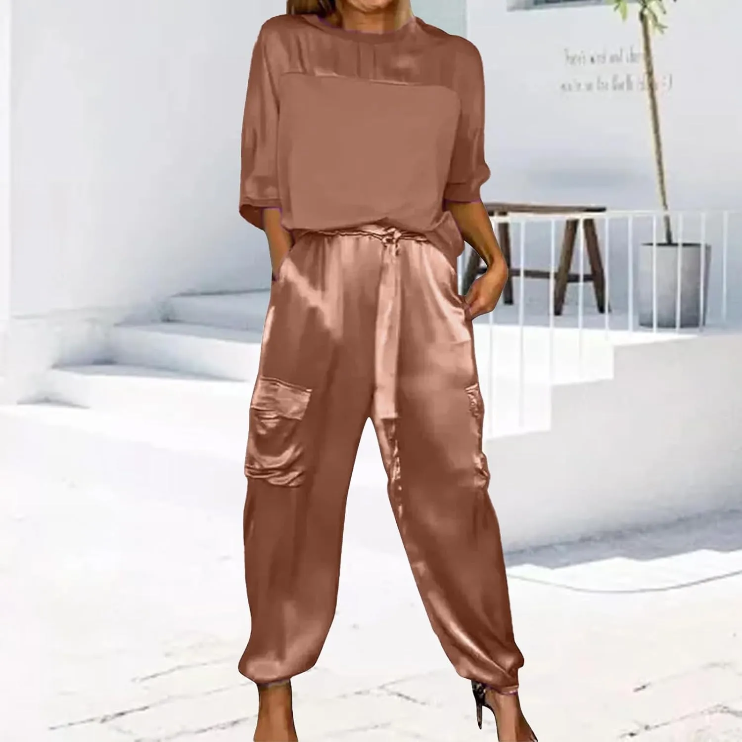 Two Piece Outfits for Women Fashion Smooth Satin Half Sleeve Underwear Set Two-Piece Suit