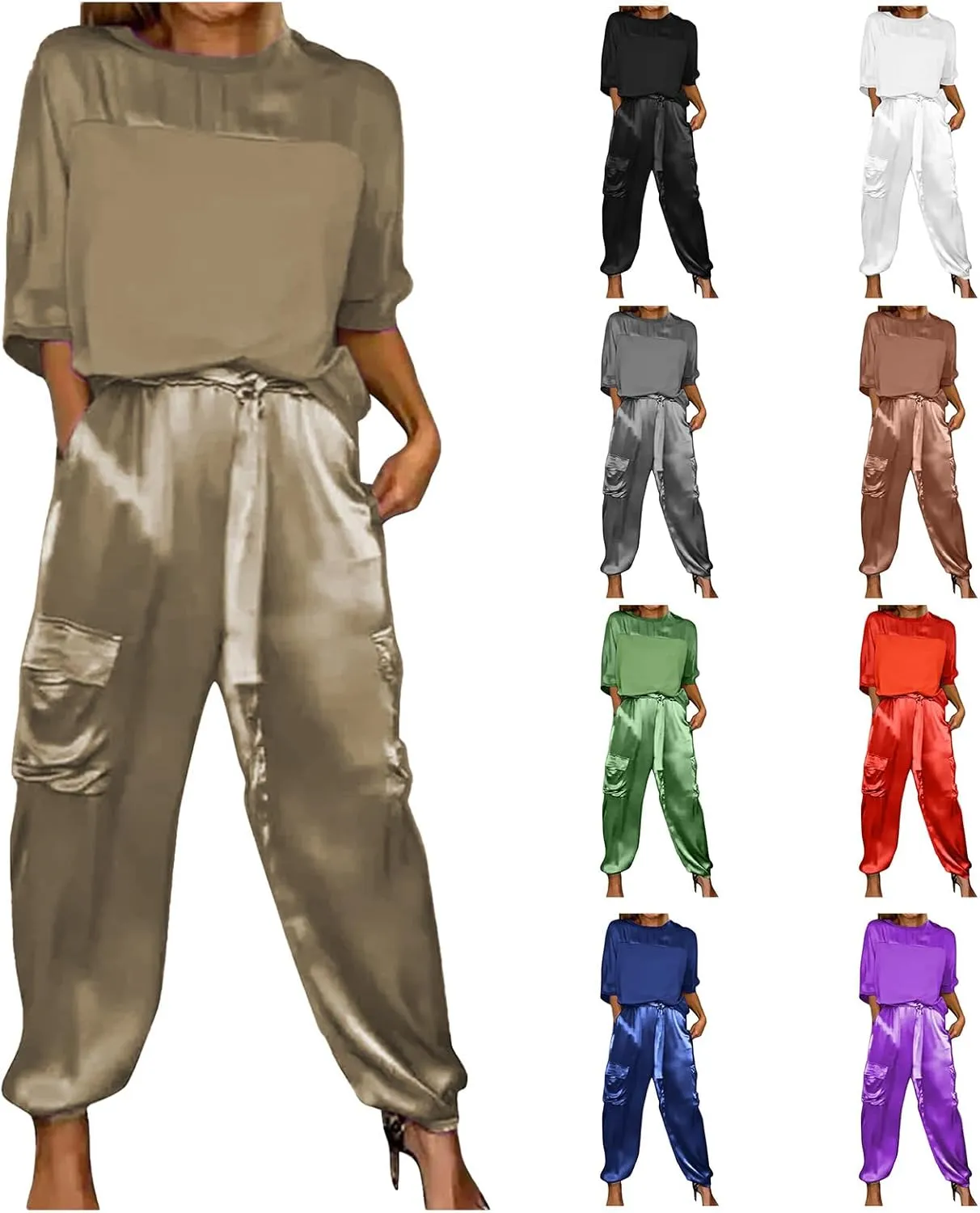 Two Piece Outfits for Women Fashion Smooth Satin Half Sleeve Underwear Set Two-Piece Suit