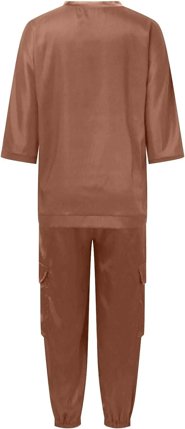 Two Piece Outfits for Women Fashion Smooth Satin Half Sleeve Underwear Set Two-Piece Suit