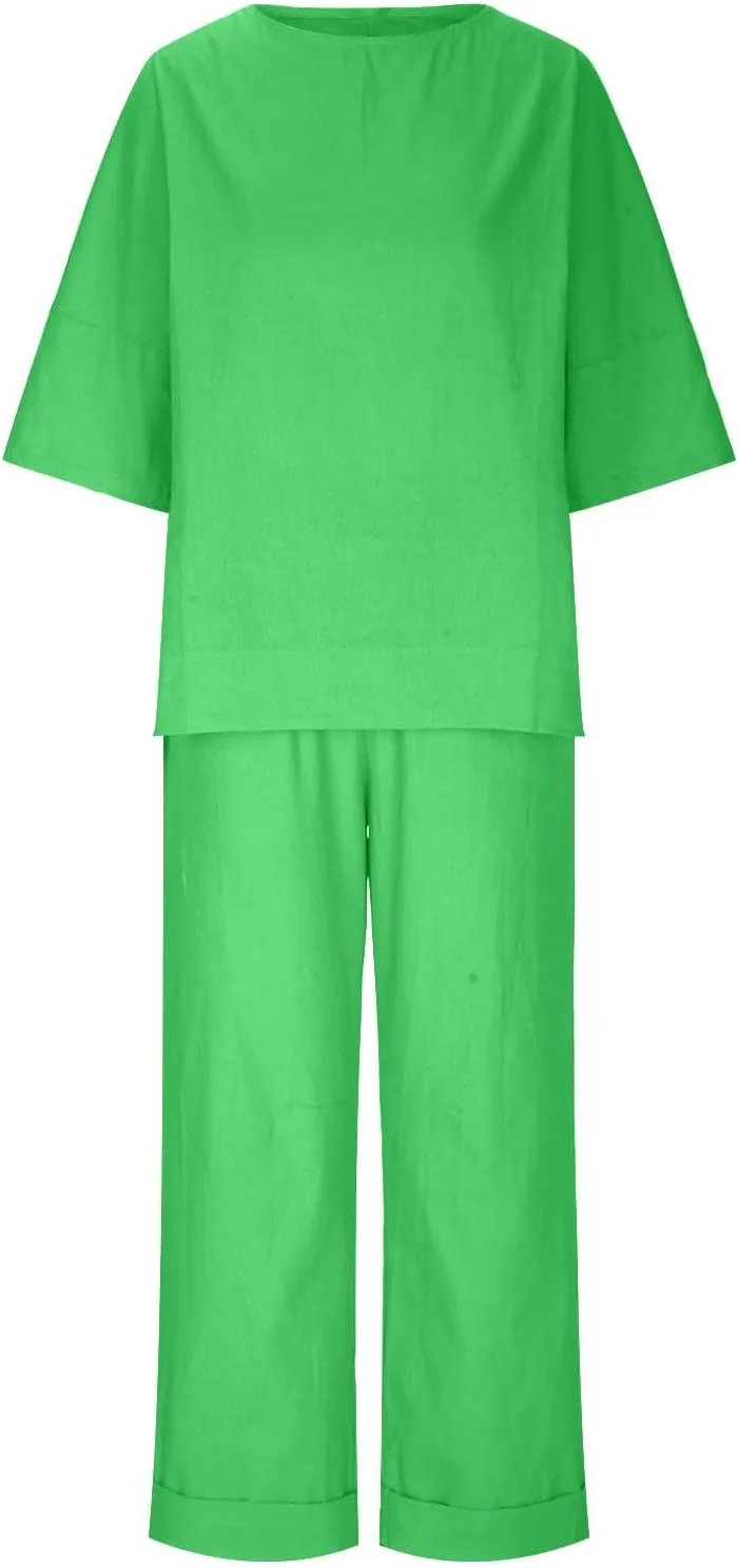 Two Piece Sets for Women Going Out Short Sleeve Crewneck Pullover Shirts Tops Trousers Loose Suit Two-Piece Set