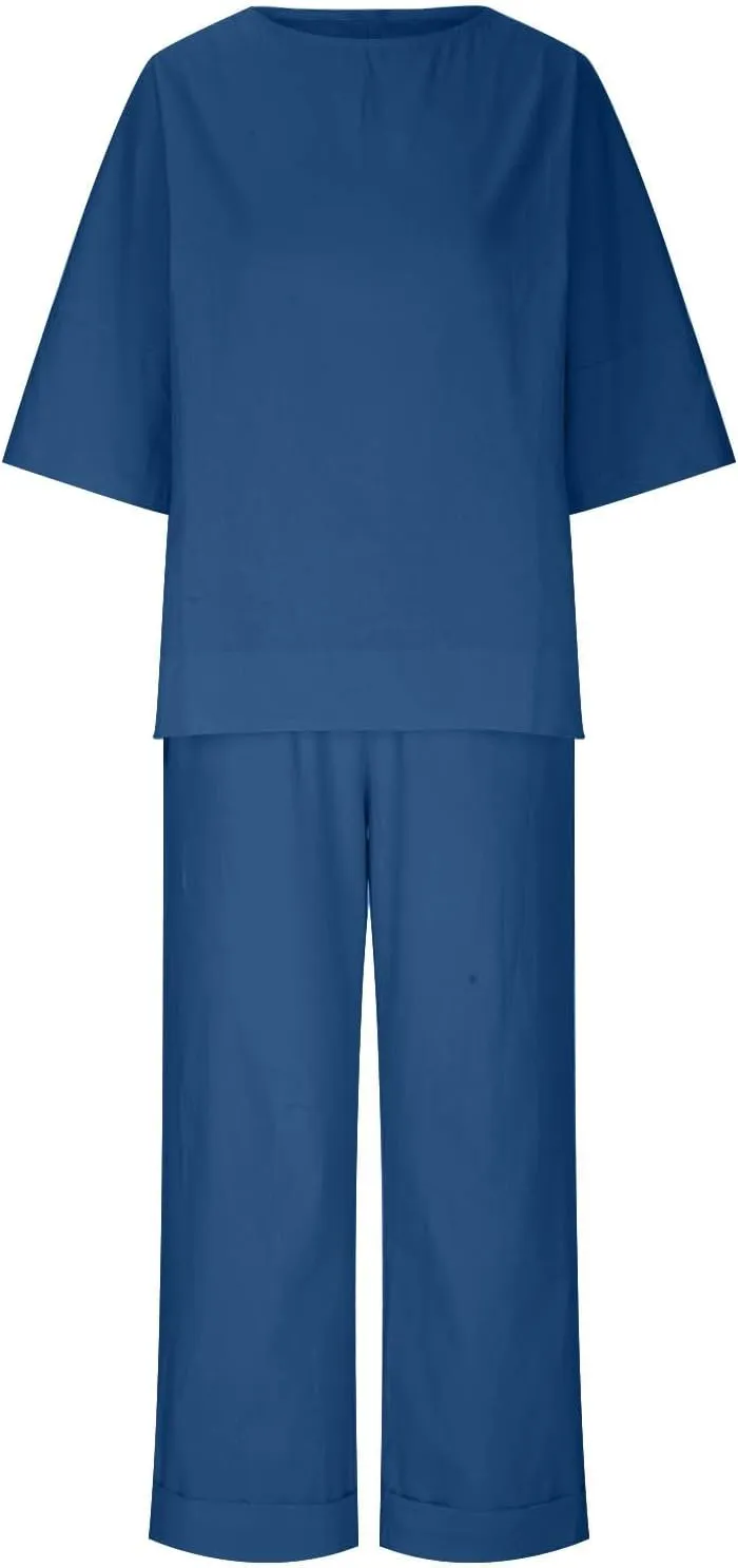 Two Piece Sets for Women Going Out Short Sleeve Crewneck Pullover Shirts Tops Trousers Loose Suit Two-Piece Set