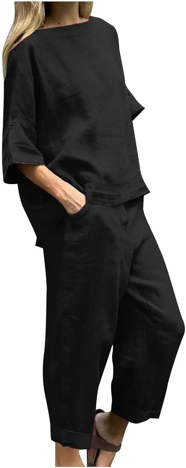 Two Piece Sets for Women Going Out Short Sleeve Crewneck Pullover Shirts Tops Trousers Loose Suit Two-Piece Set