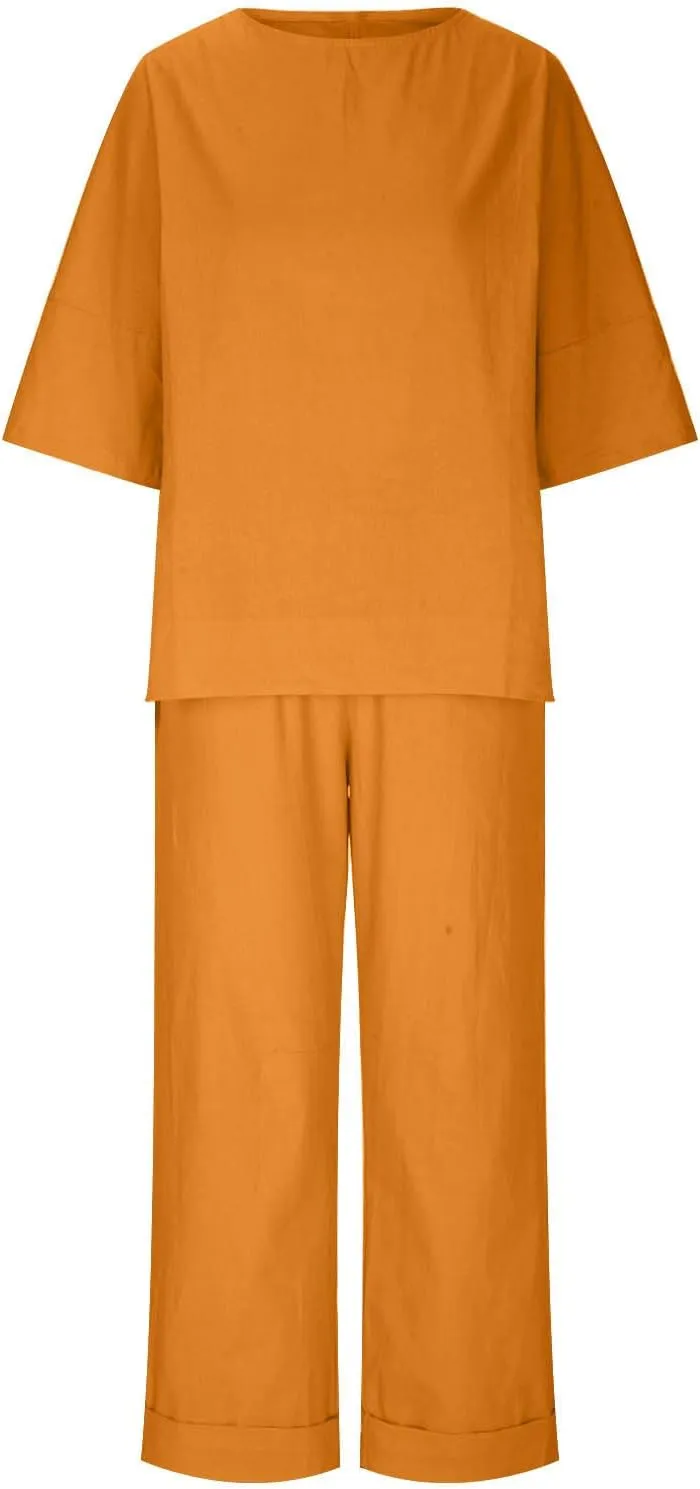 Two Piece Sets for Women Going Out Short Sleeve Crewneck Pullover Shirts Tops Trousers Loose Suit Two-Piece Set