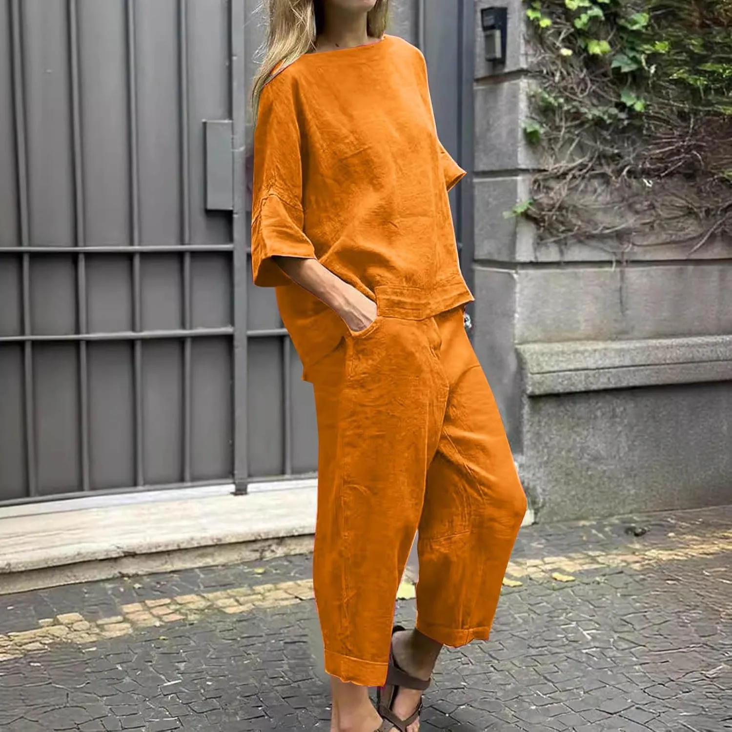 Two Piece Sets for Women Going Out Short Sleeve Crewneck Pullover Shirts Tops Trousers Loose Suit Two-Piece Set