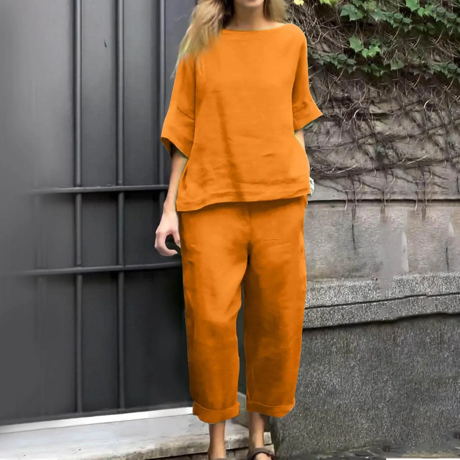 Two Piece Sets for Women Going Out Short Sleeve Crewneck Pullover Shirts Tops Trousers Loose Suit Two-Piece Set