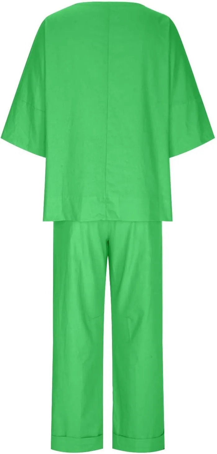 Two Piece Sets for Women Going Out Short Sleeve Crewneck Pullover Shirts Tops Trousers Loose Suit Two-Piece Set