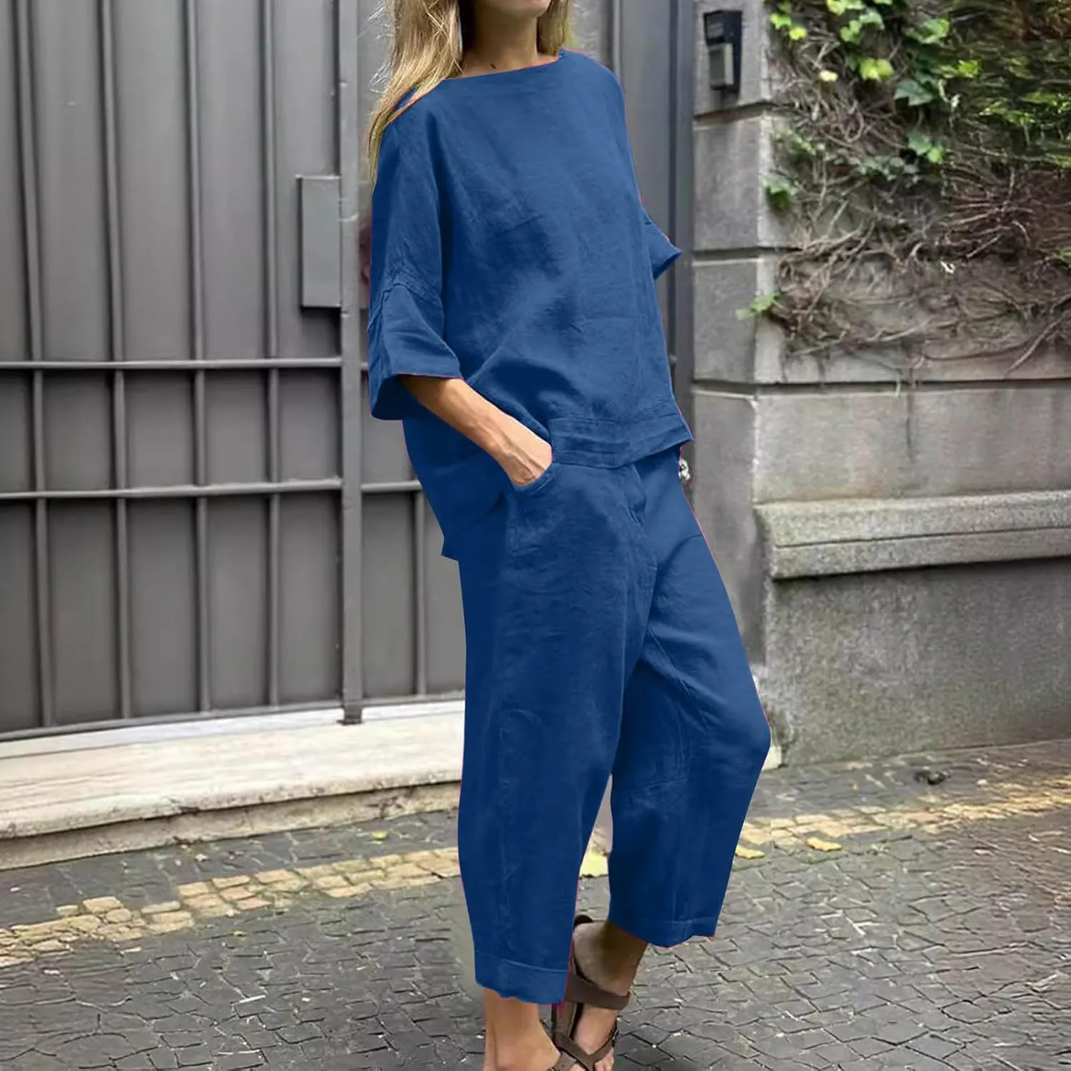 Two Piece Sets for Women Going Out Short Sleeve Crewneck Pullover Shirts Tops Trousers Loose Suit Two-Piece Set