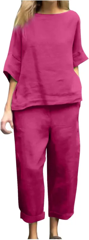Two Piece Sets for Women Going Out Short Sleeve Crewneck Pullover Shirts Tops Trousers Loose Suit Two-Piece Set