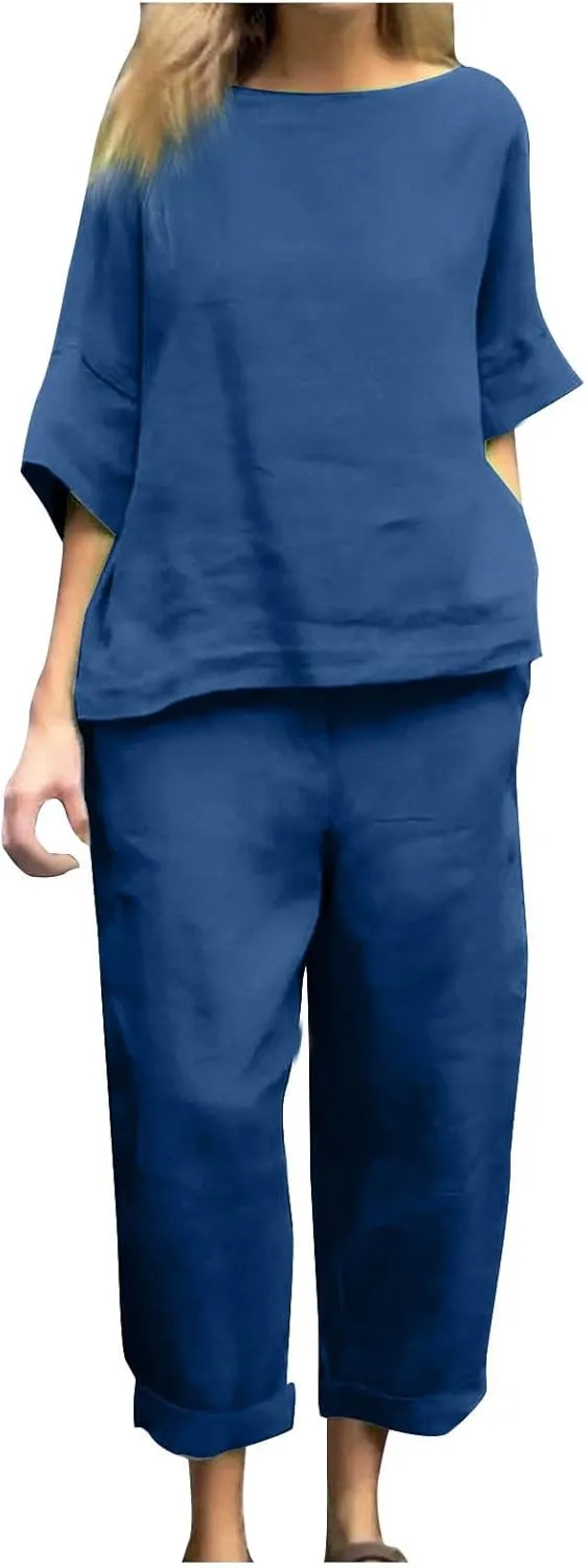 Two Piece Sets for Women Going Out Short Sleeve Crewneck Pullover Shirts Tops Trousers Loose Suit Two-Piece Set