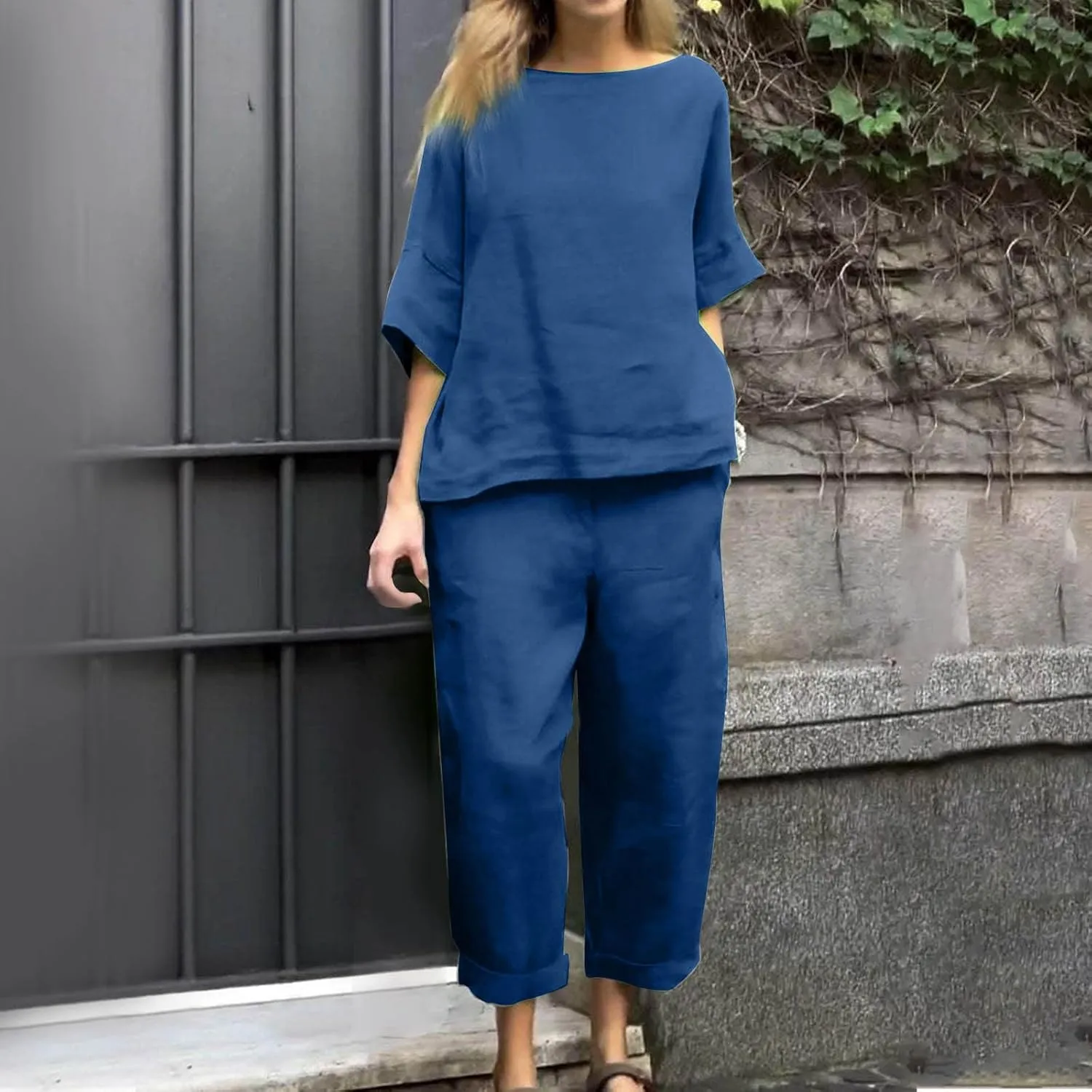 Two Piece Sets for Women Going Out Short Sleeve Crewneck Pullover Shirts Tops Trousers Loose Suit Two-Piece Set