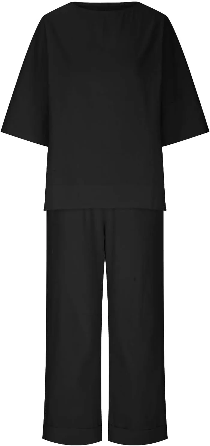 Two Piece Sets for Women Going Out Short Sleeve Crewneck Pullover Shirts Tops Trousers Loose Suit Two-Piece Set