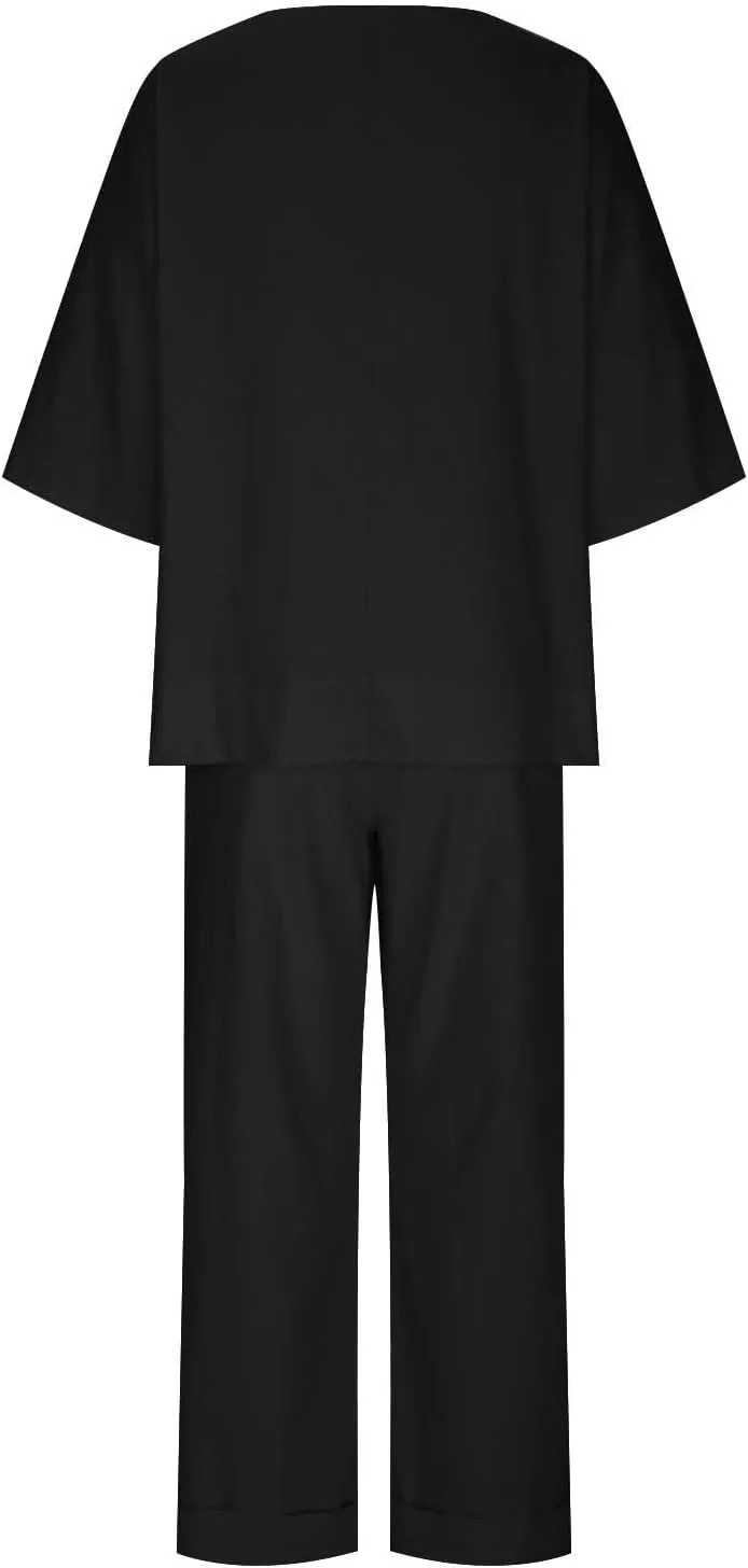 Two Piece Sets for Women Going Out Short Sleeve Crewneck Pullover Shirts Tops Trousers Loose Suit Two-Piece Set