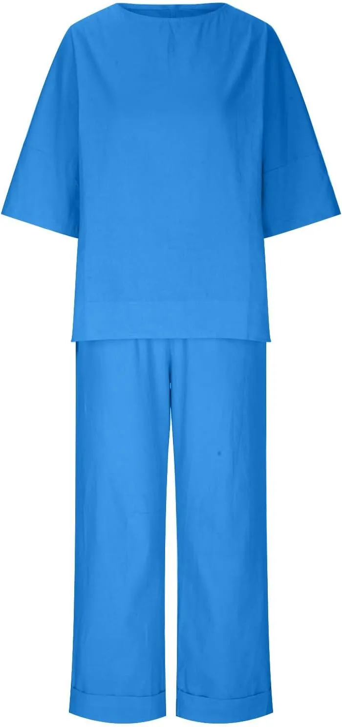 Two Piece Sets for Women Going Out Short Sleeve Crewneck Pullover Shirts Tops Trousers Loose Suit Two-Piece Set