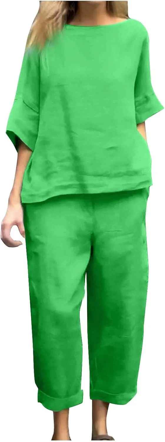 Two Piece Sets for Women Going Out Short Sleeve Crewneck Pullover Shirts Tops Trousers Loose Suit Two-Piece Set