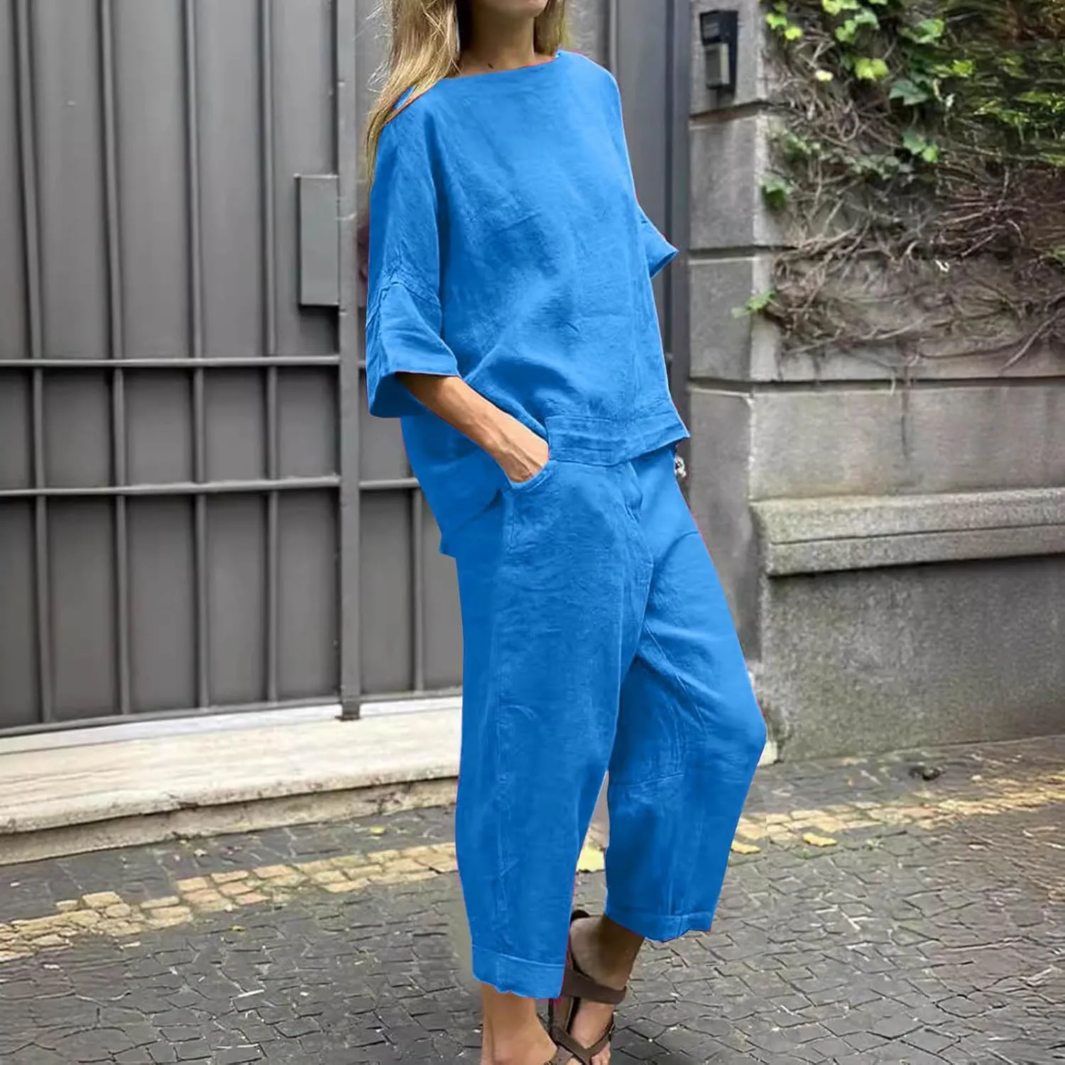 Two Piece Sets for Women Going Out Short Sleeve Crewneck Pullover Shirts Tops Trousers Loose Suit Two-Piece Set