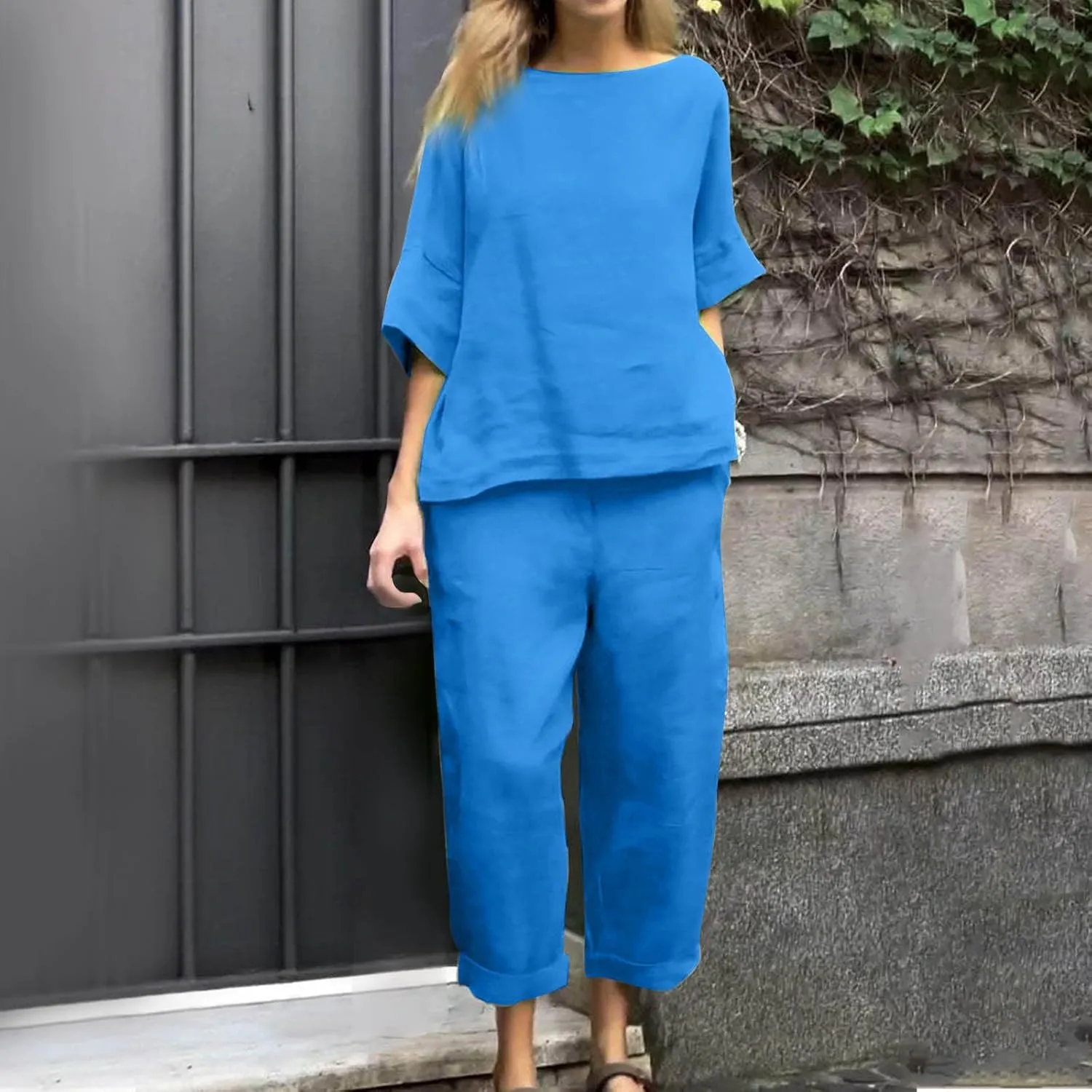 Two Piece Sets for Women Going Out Short Sleeve Crewneck Pullover Shirts Tops Trousers Loose Suit Two-Piece Set