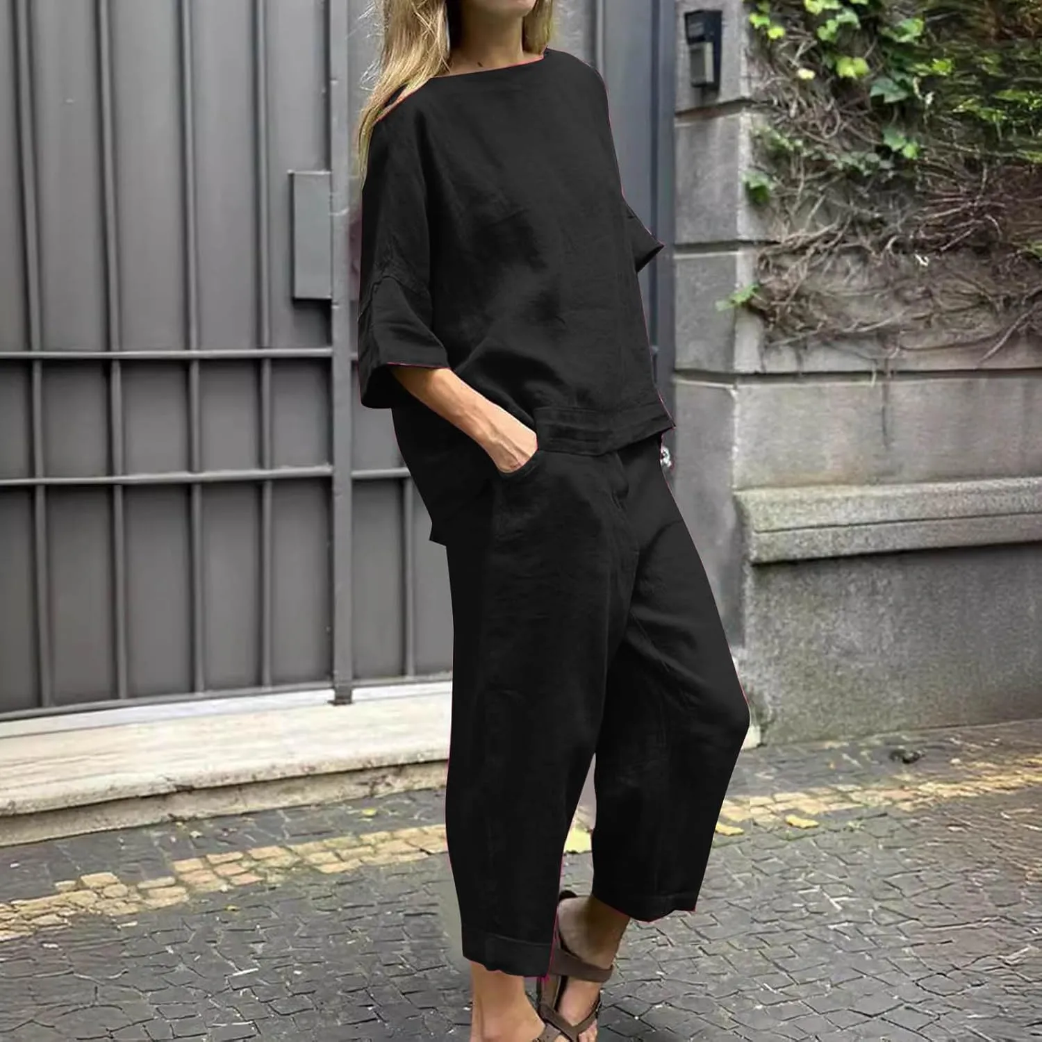 Two Piece Sets for Women Going Out Short Sleeve Crewneck Pullover Shirts Tops Trousers Loose Suit Two-Piece Set