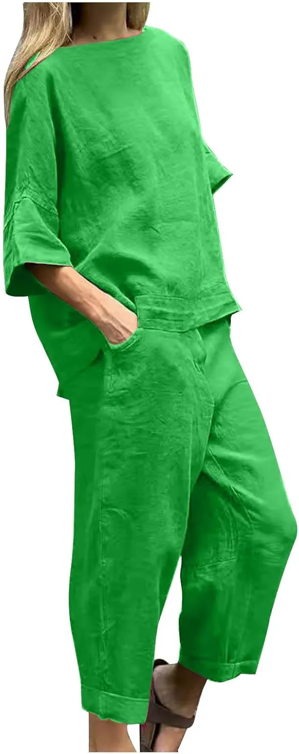 Two Piece Sets for Women Going Out Short Sleeve Crewneck Pullover Shirts Tops Trousers Loose Suit Two-Piece Set