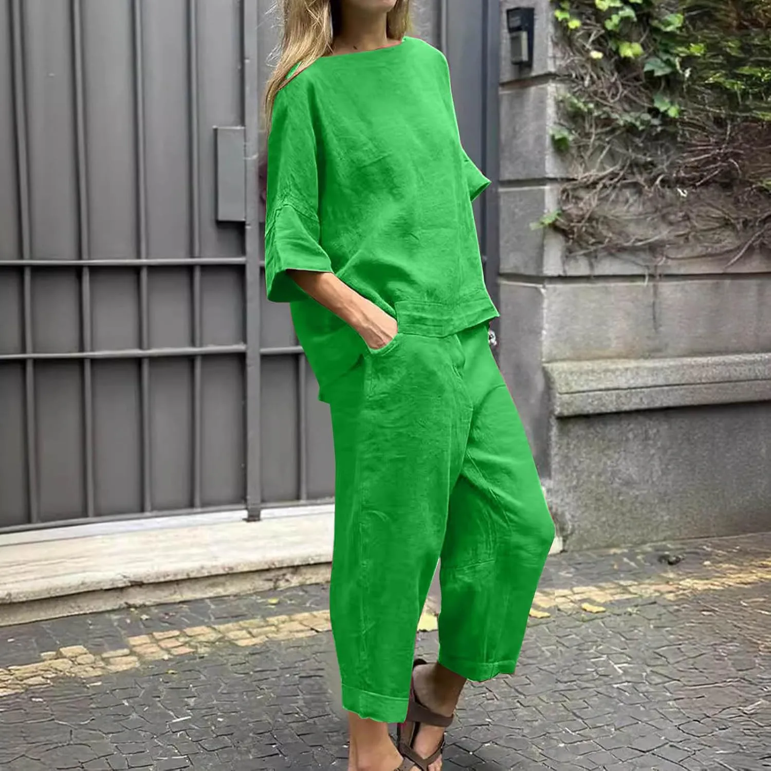 Two Piece Sets for Women Going Out Short Sleeve Crewneck Pullover Shirts Tops Trousers Loose Suit Two-Piece Set