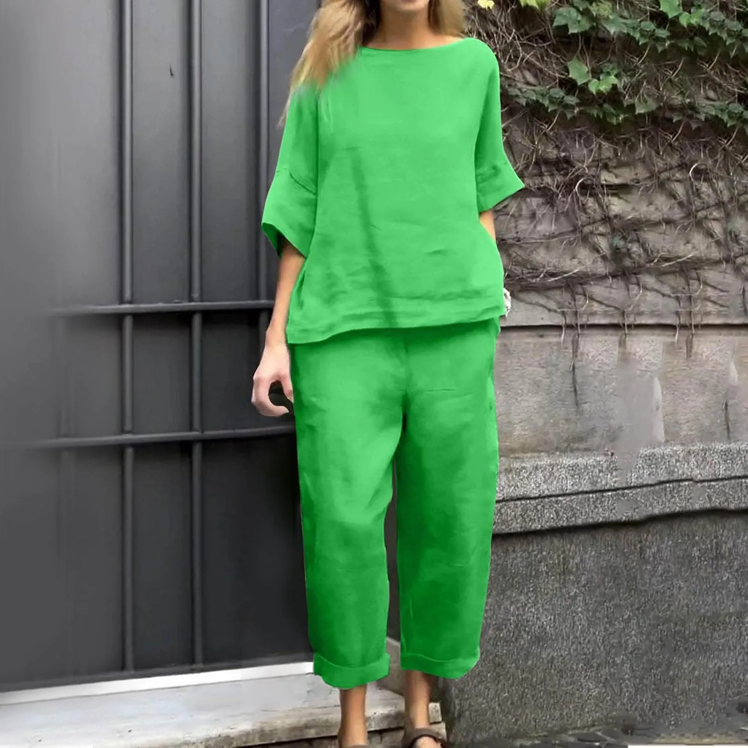 Two Piece Sets for Women Going Out Short Sleeve Crewneck Pullover Shirts Tops Trousers Loose Suit Two-Piece Set