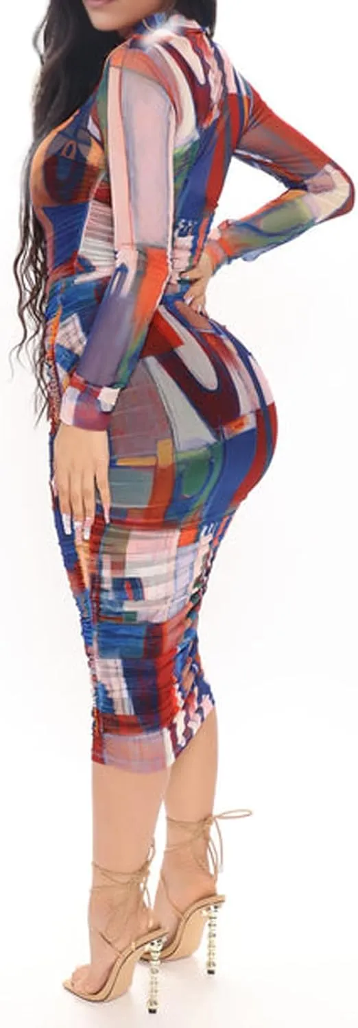 Uni Clau Women Sexy Long Sleeve Printed Sheer Mesh Bodycon Midi Dress See Through Slim Fit Tight Party Clubwear Long Dress