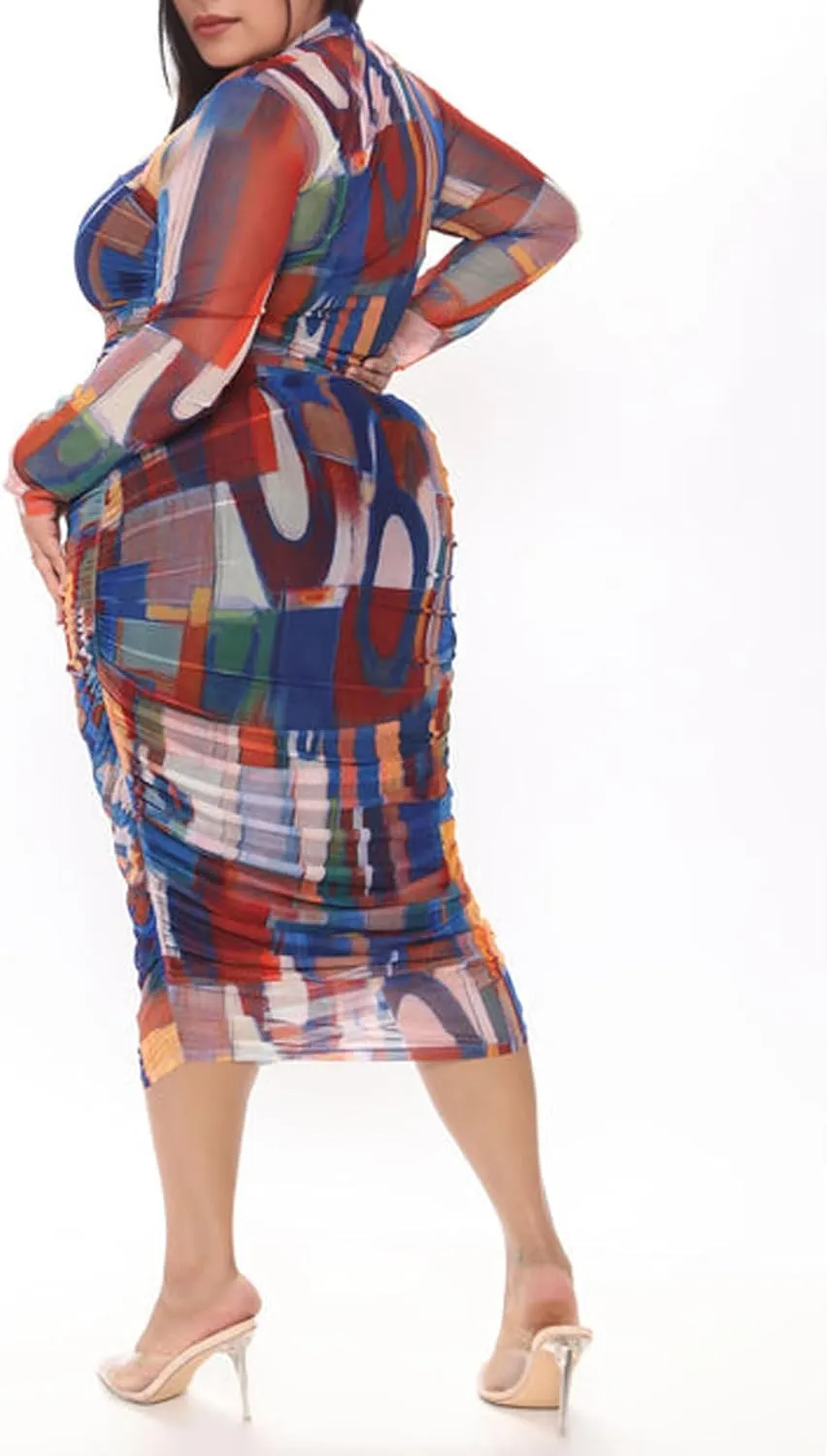 Uni Clau Women Sexy Long Sleeve Printed Sheer Mesh Bodycon Midi Dress See Through Slim Fit Tight Party Clubwear Long Dress