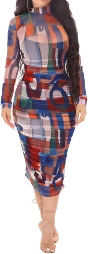 Uni Clau Women Sexy Long Sleeve Printed Sheer Mesh Bodycon Midi Dress See Through Slim Fit Tight Party Clubwear Long Dress