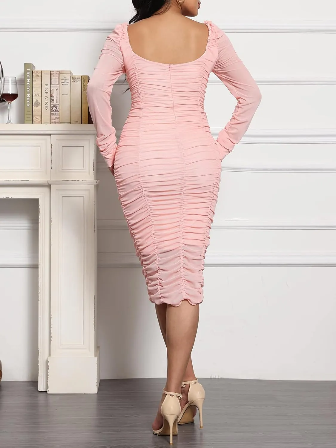 Uni Clau Women Sexy V Neck Mesh Long Sleeve Mini Dress See Through Party Night Clubwear Ruched Bodycon Dress