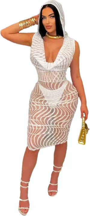 Uni Clau Womens Sexy See Through Sleeveless Cover Up Dress Deep V Neck Swimsuit Bodycon Midi Beach Dress Clubwear Dresses
