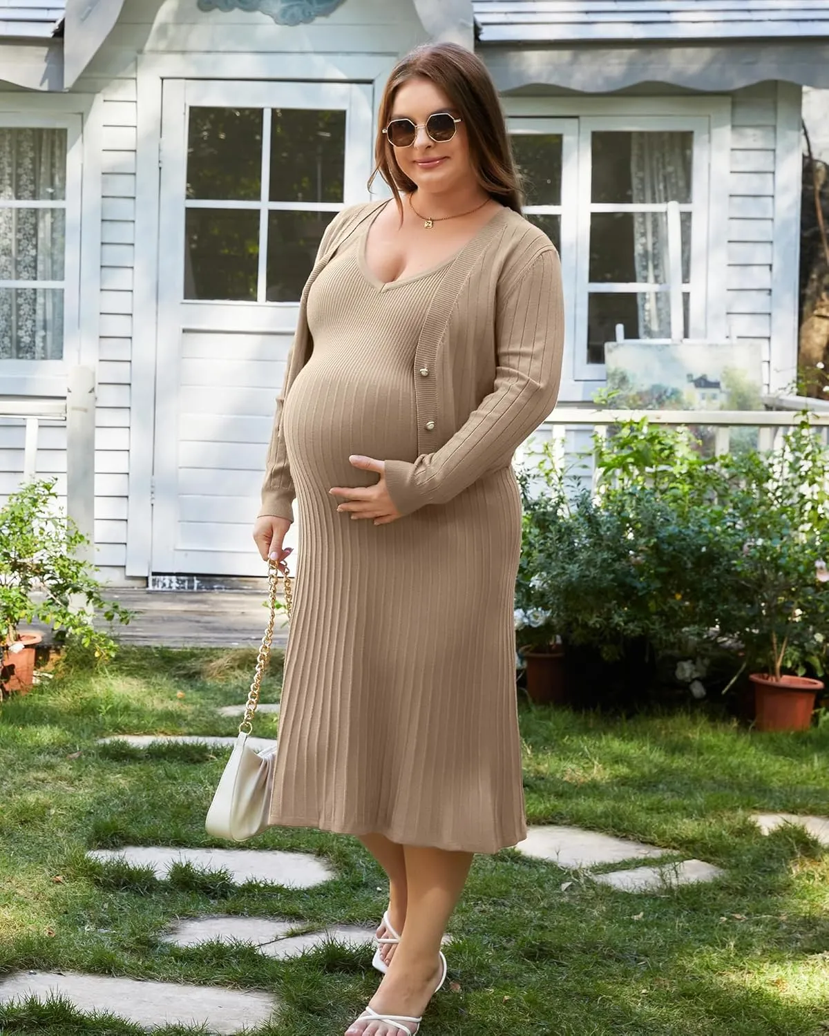 V FOR CITY Maternity Dress for Baby Shower Pregnancy Photoshoot Midi Bodycon Pleated A-Line Cropped Cardigan 2 Piece Sets