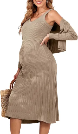 V FOR CITY Maternity Dress for Baby Shower Pregnancy Photoshoot Midi Bodycon Pleated A-Line Cropped Cardigan 2 Piece Sets