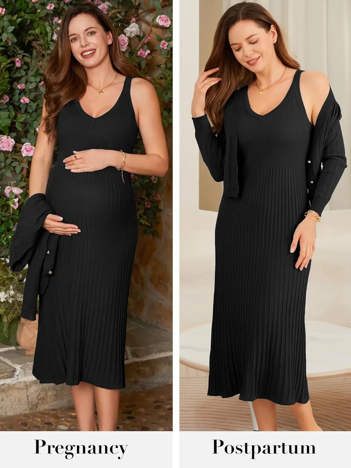 V FOR CITY Maternity Dress for Baby Shower Pregnancy Photoshoot Midi Bodycon Pleated A-Line Cropped Cardigan 2 Piece Sets