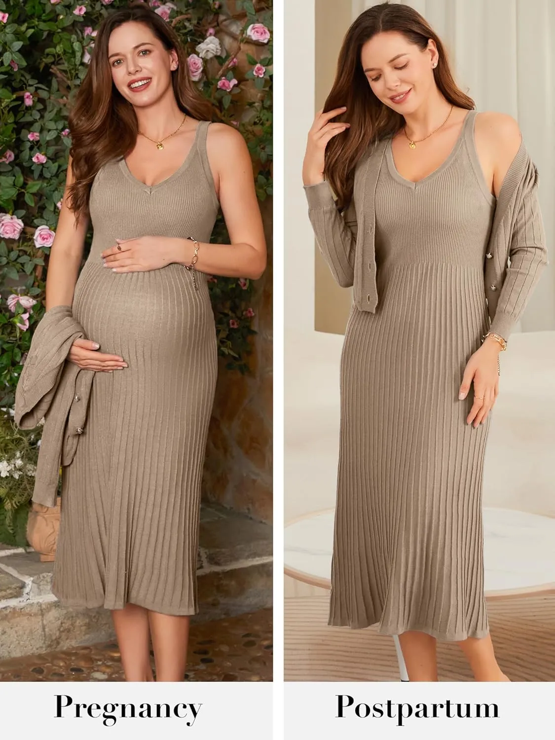 V FOR CITY Maternity Dress for Baby Shower Pregnancy Photoshoot Midi Bodycon Pleated A-Line Cropped Cardigan 2 Piece Sets