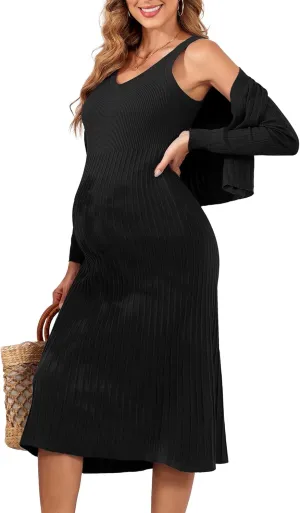 V FOR CITY Maternity Dress for Baby Shower Pregnancy Photoshoot Midi Bodycon Pleated A-Line Cropped Cardigan 2 Piece Sets