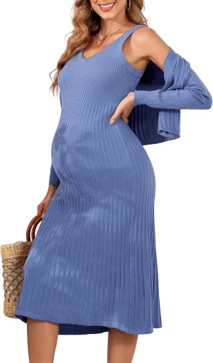V FOR CITY Maternity Dress for Baby Shower Pregnancy Photoshoot Midi Bodycon Pleated A-Line Cropped Cardigan 2 Piece Sets