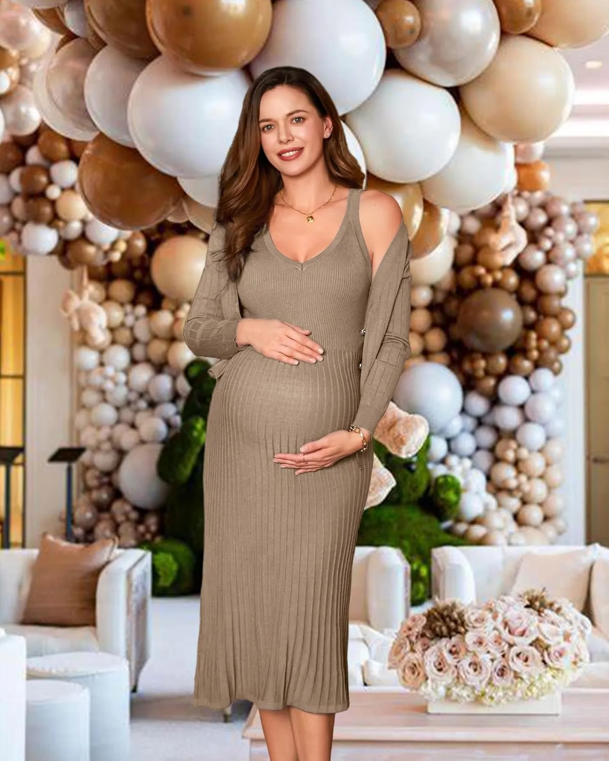 V FOR CITY Maternity Dress for Baby Shower Pregnancy Photoshoot Midi Bodycon Pleated A-Line Cropped Cardigan 2 Piece Sets