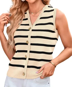 Vest Tops For Women Striped Sweater Vests Striped 2024 Fall Crochet Cropped Button Up Work Tank Top Outfits M-XL