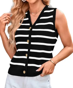 Vest Tops For Women Striped Sweater Vests Striped 2024 Fall Crochet Cropped Button Up Work Tank Top Outfits M-XL